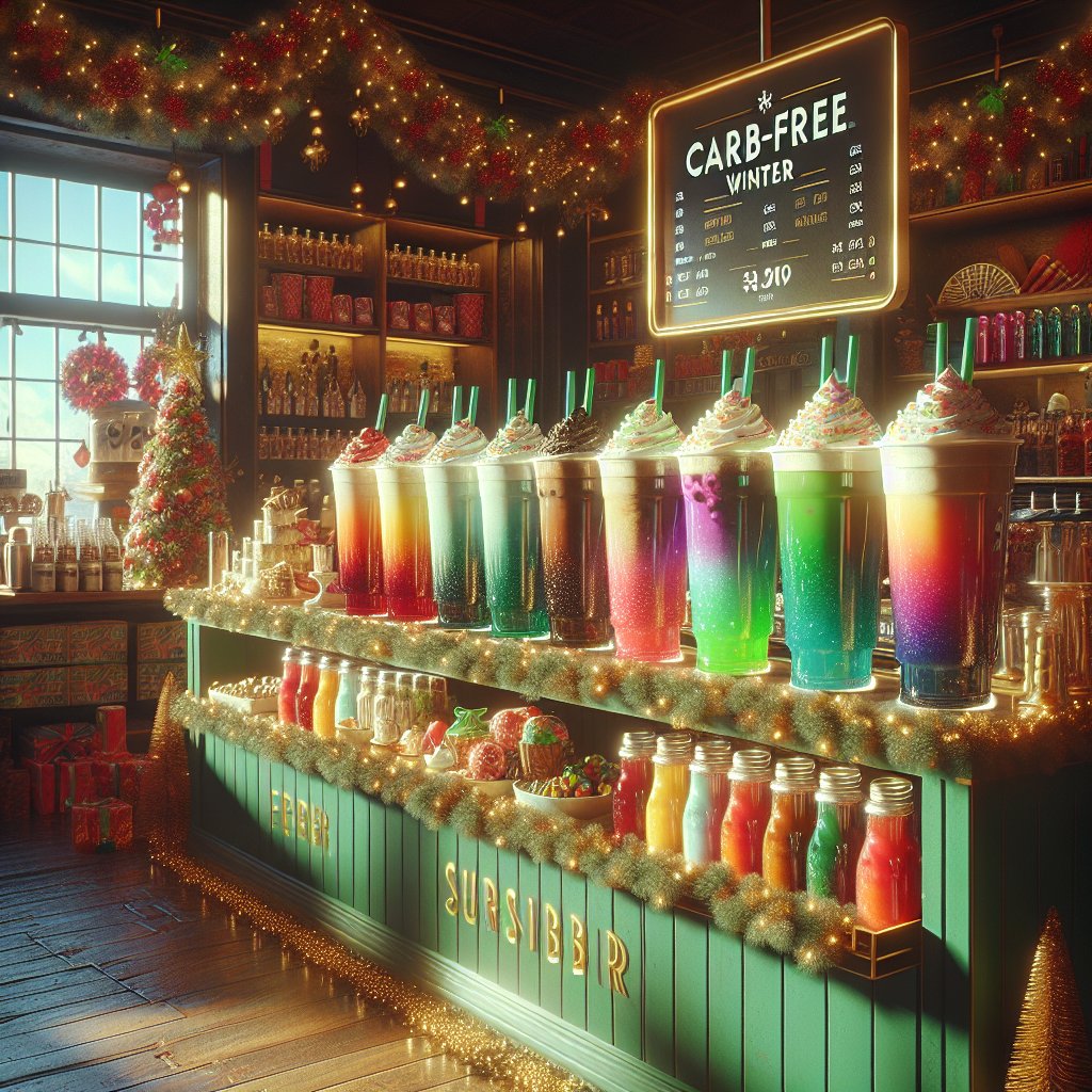 Festive Starbucks counter adorned with holiday decorations, showcasing vibrant and enticing keto-friendly holiday drinks in iconic Starbucks cups.