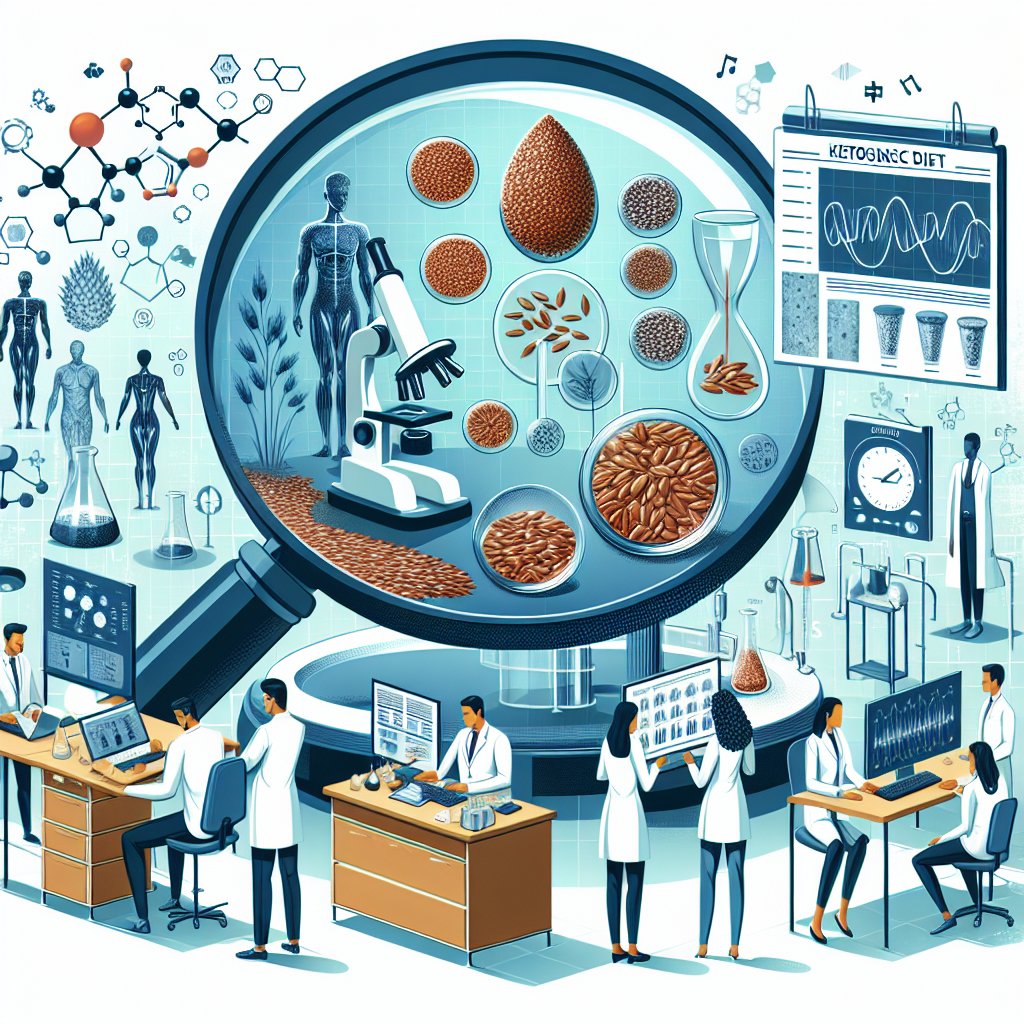 Scientists analyzing flax seeds and ketosis-related data in a laboratory setting.