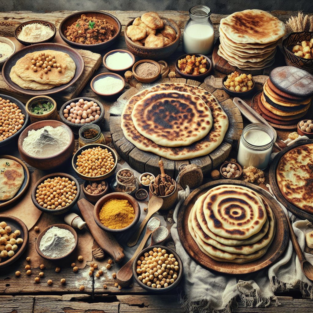 Rustic wooden table adorned with chickpea flour-based dishes from around the world, showcasing the versatility of chickpea flour in global cuisine.