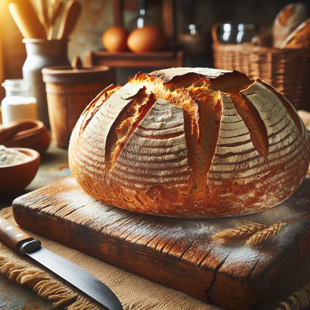 Rustic gluten-free bread loaf on wooden cutting board with artisanal knife and gluten-free flour