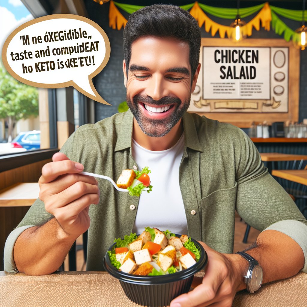 Happy customer savoring a delicious keto chicken salad at Chicken Salad Chick, with a glowing review in a speech bubble