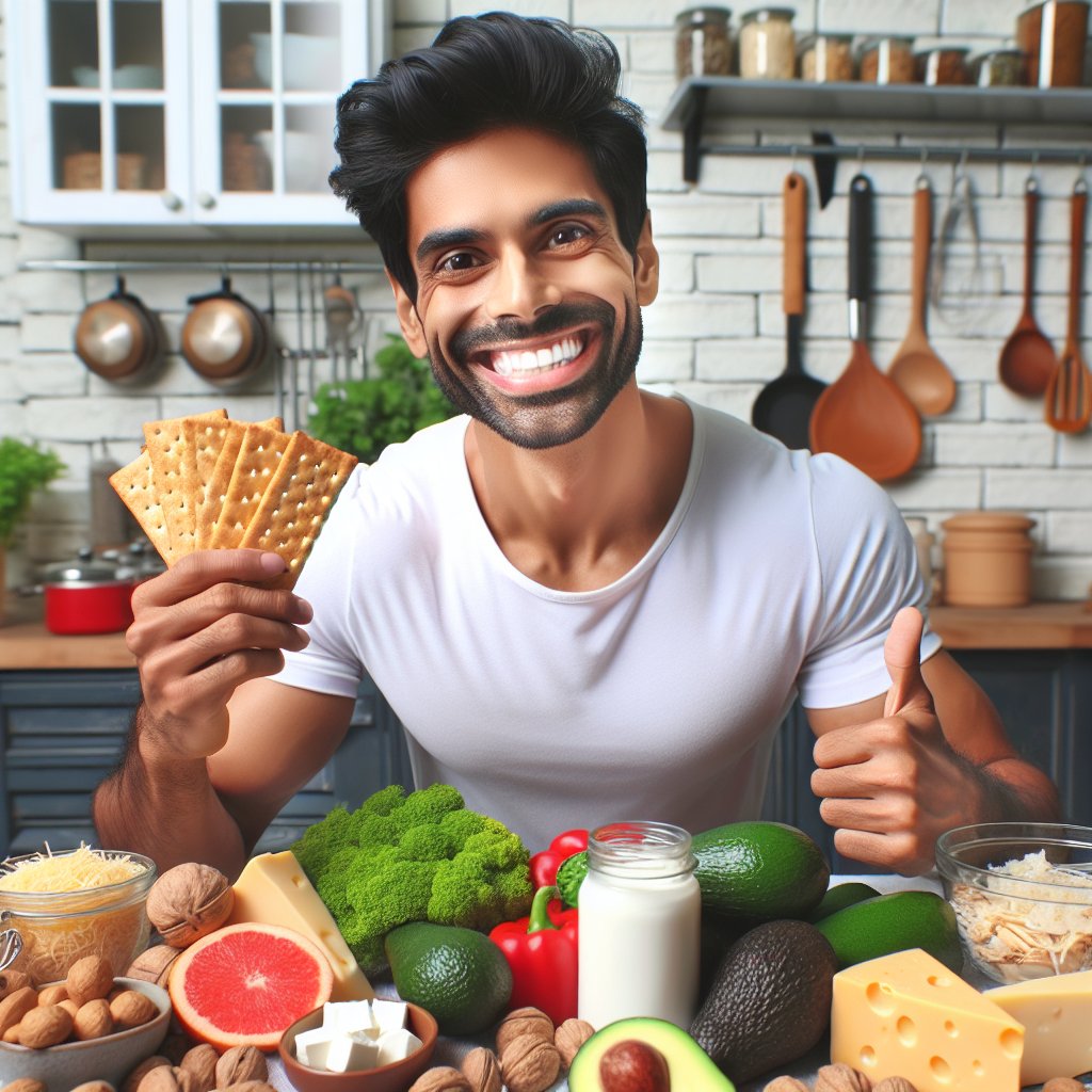 Smiling customer showcasing Simple Mills crackers in a keto-friendly snack spread