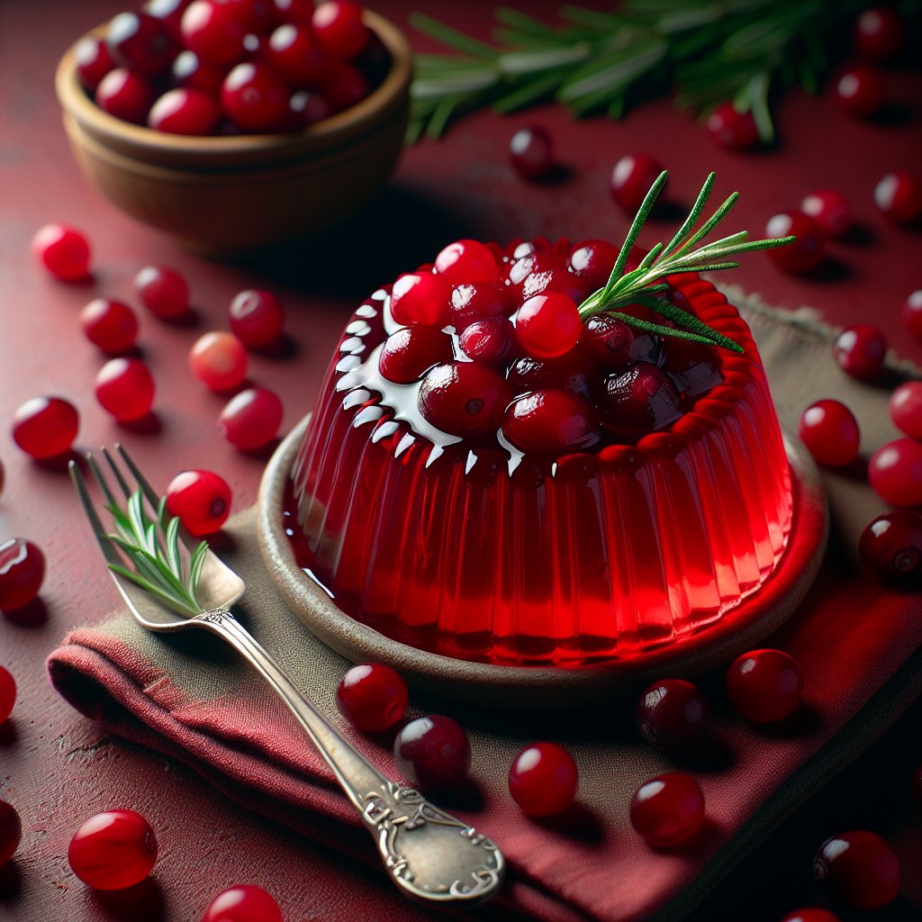 Luscious red jellied cranberry sauce with fresh cranberries and rosemary garnish