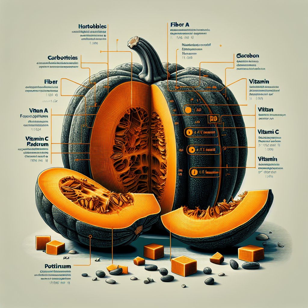 Kabocha squash nutritional profile with macronutrients and micronutrients callouts