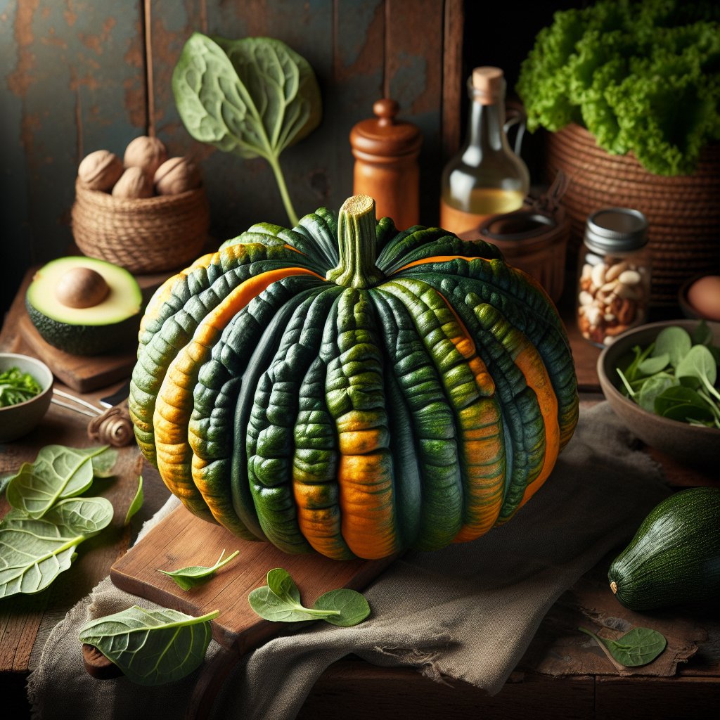 Ripe Kabocha squash surrounded by keto-friendly ingredients in a rustic kitchen