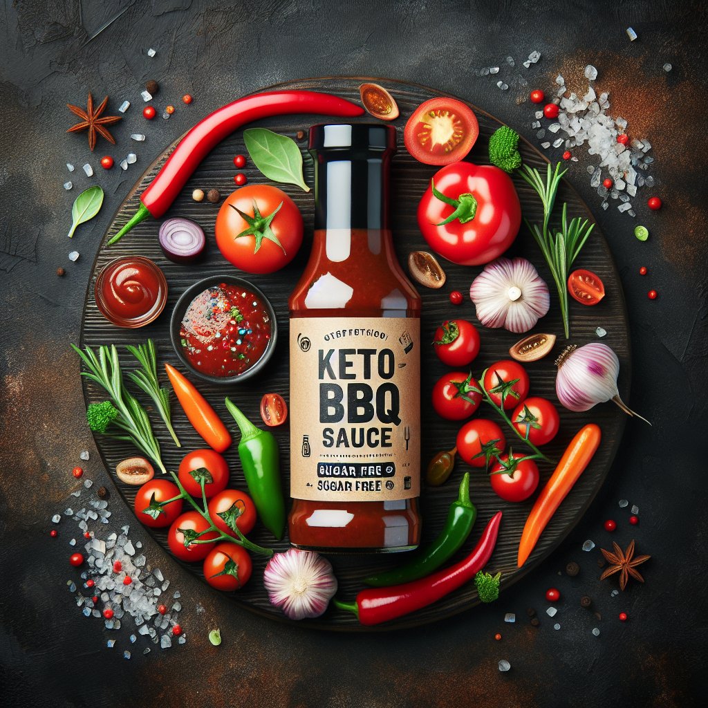 Keto BBQ sauce bottle surrounded by fresh ingredients and summer grilling atmosphere