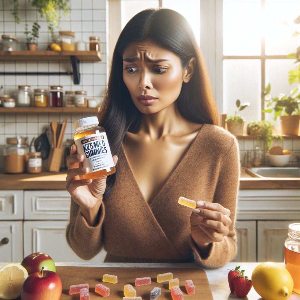 Person reading safety precautions on keto and apple cider vinegar gummies in a bright kitchen setting with natural ingredients.