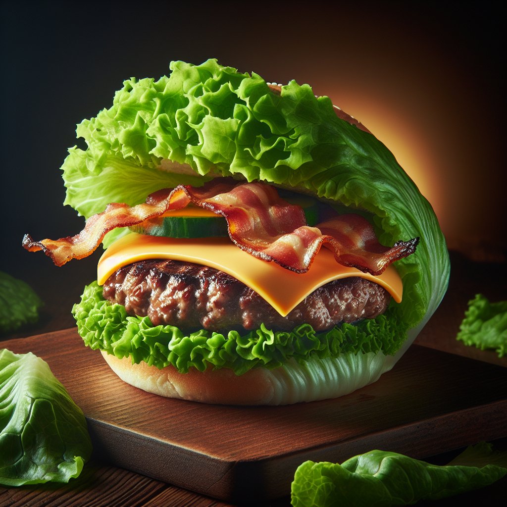 Mouthwatering low-carb keto bacon cheeseburger with sizzling bacon, melted cheese, and juicy beef patty in lettuce wraps