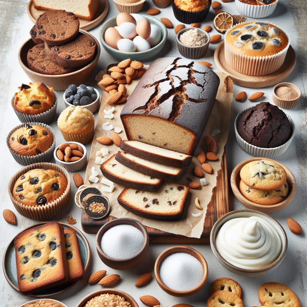 Diverse selection of keto-friendly baked goods including bread, muffins, cookies, and cakes, artfully arranged on a platter to showcase their health benefits and deliciousness.