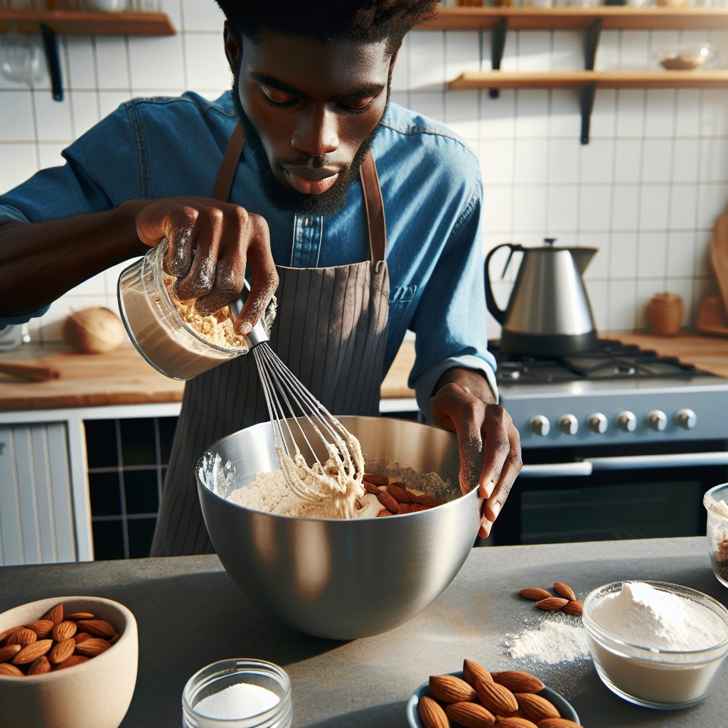 Baker skillfully blending keto cake mix ingredients in a modern, well-lit kitchen