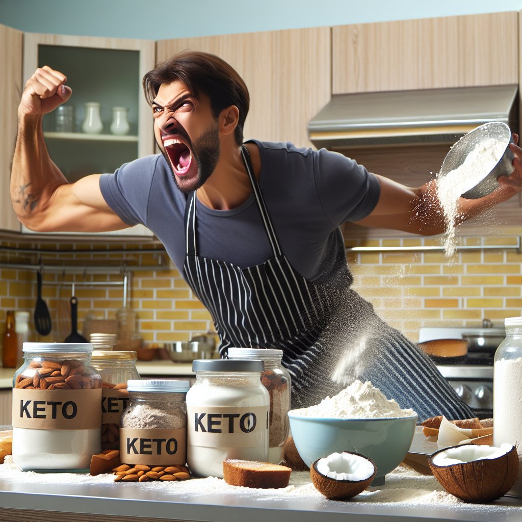 Enthusiastic person baking in a keto-friendly kitchen, surrounded by almond flour, coconut flour, and flaxseed flour, showcasing the versatility of keto flours.