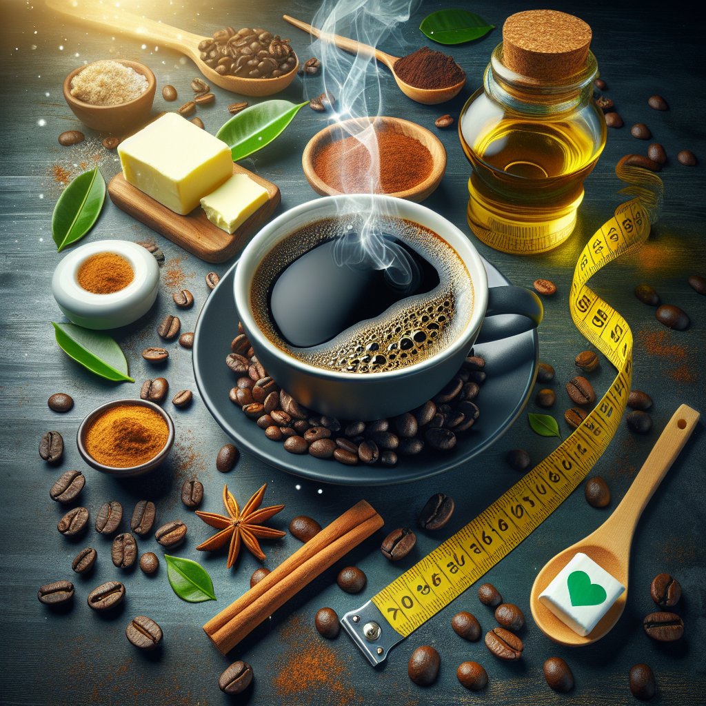 Steaming cup of keto black coffee surrounded by energizing ingredients and symbols of weight loss