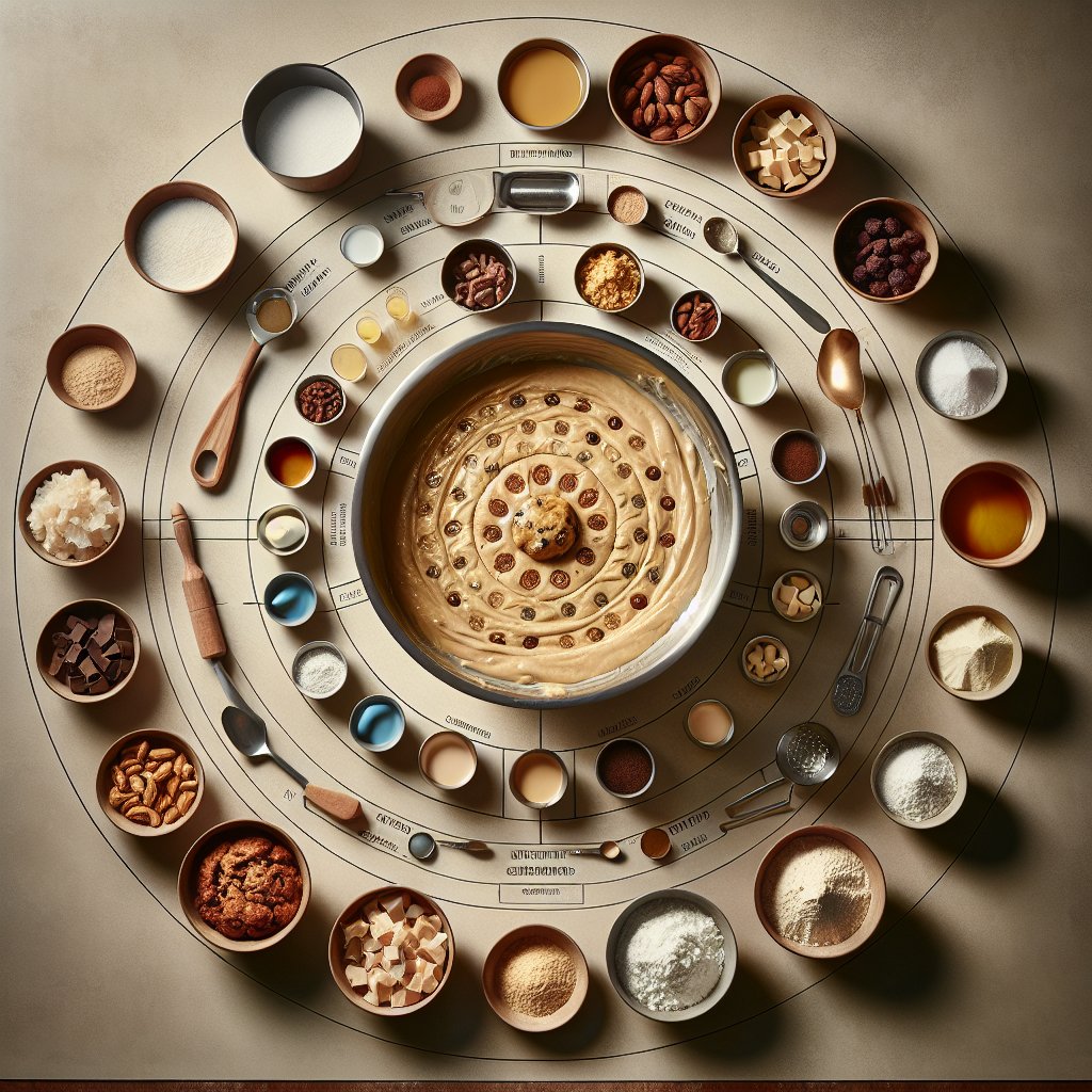 Kitchen counter with keto blondie batter in mixing bowl, surrounded by neatly arranged ingredients, measuring cups and spoons for precise keto baking.