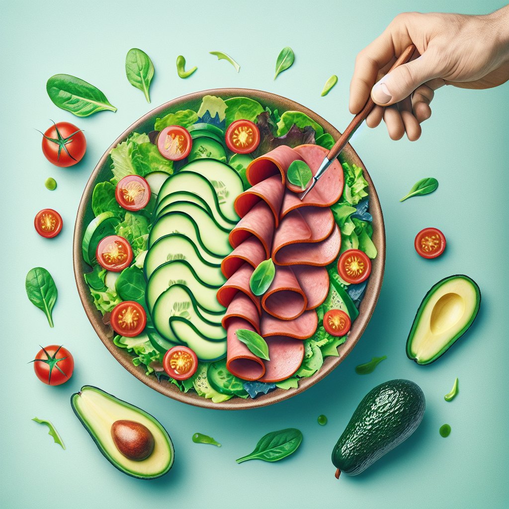 Colorful and appetizing keto bologna salad bowl with fresh salad greens, avocado, cherry tomatoes, and cucumber