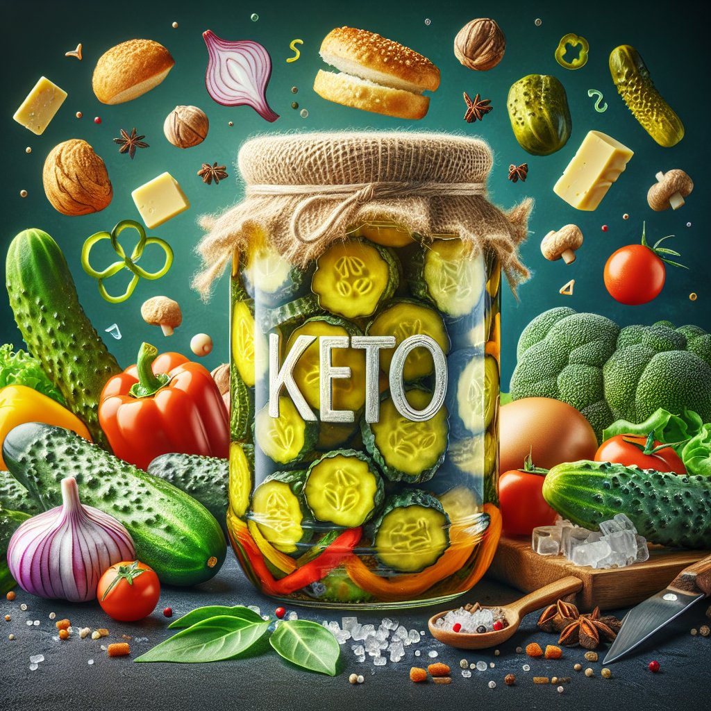 Jar of keto bread and butter pickles surrounded by fresh, vibrant ingredients