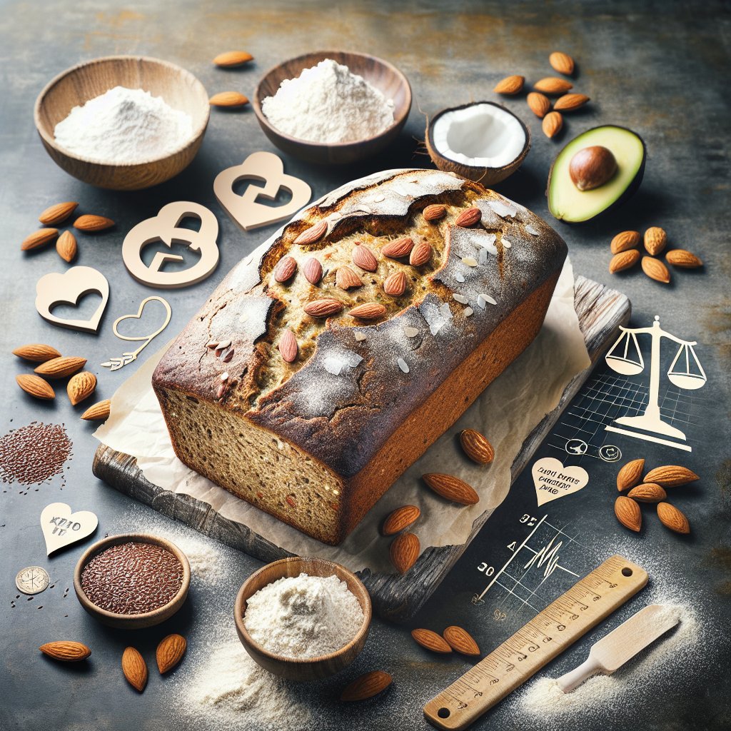 A selection of ingredients including almond flour, coconut flour, and flaxseed meal, surrounding a delicious loaf of keto bread, highlighting its low-carb and gluten-free nature.