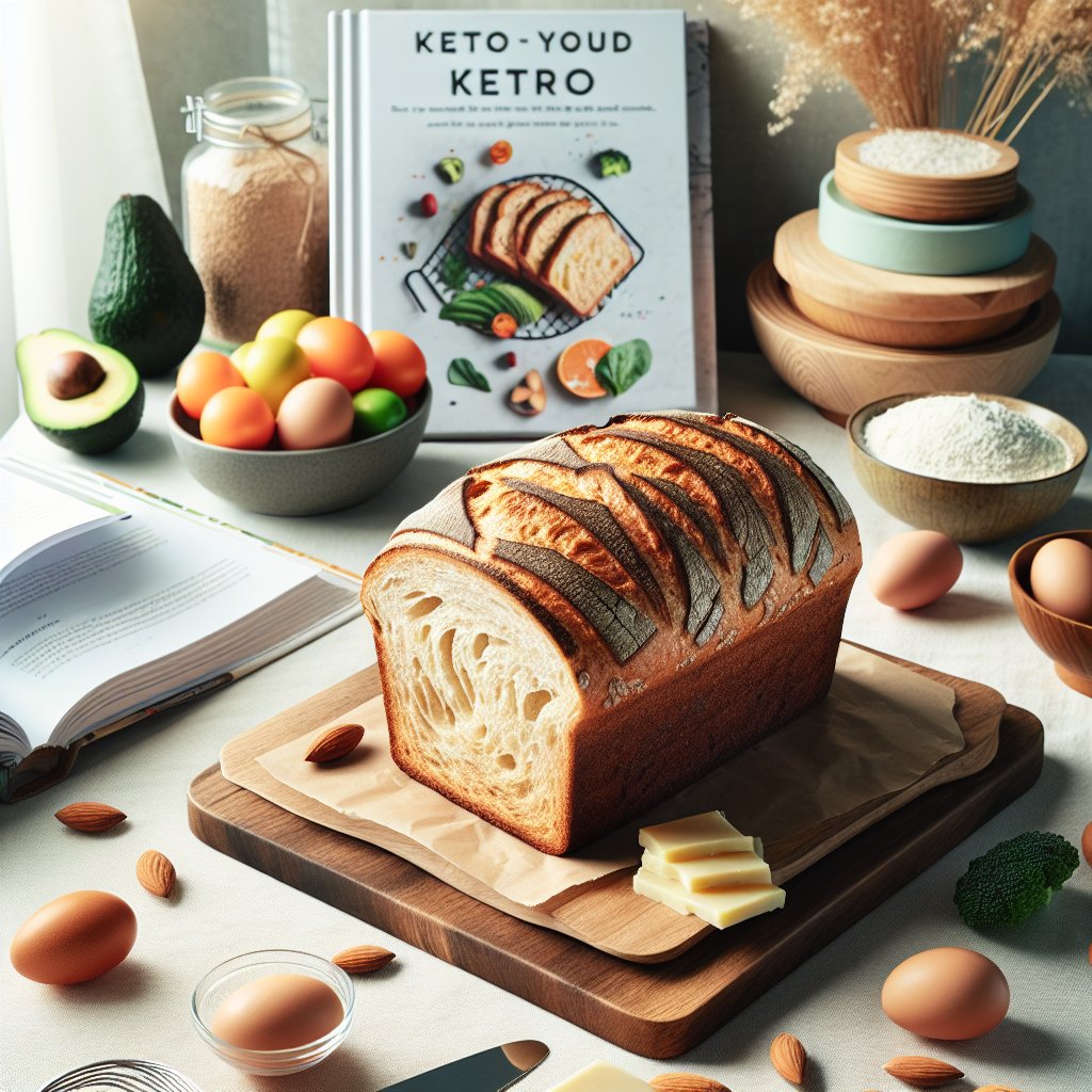 Visually appealing keto bread loaf with low-carb, high-fat ingredients in a modern kitchen setting