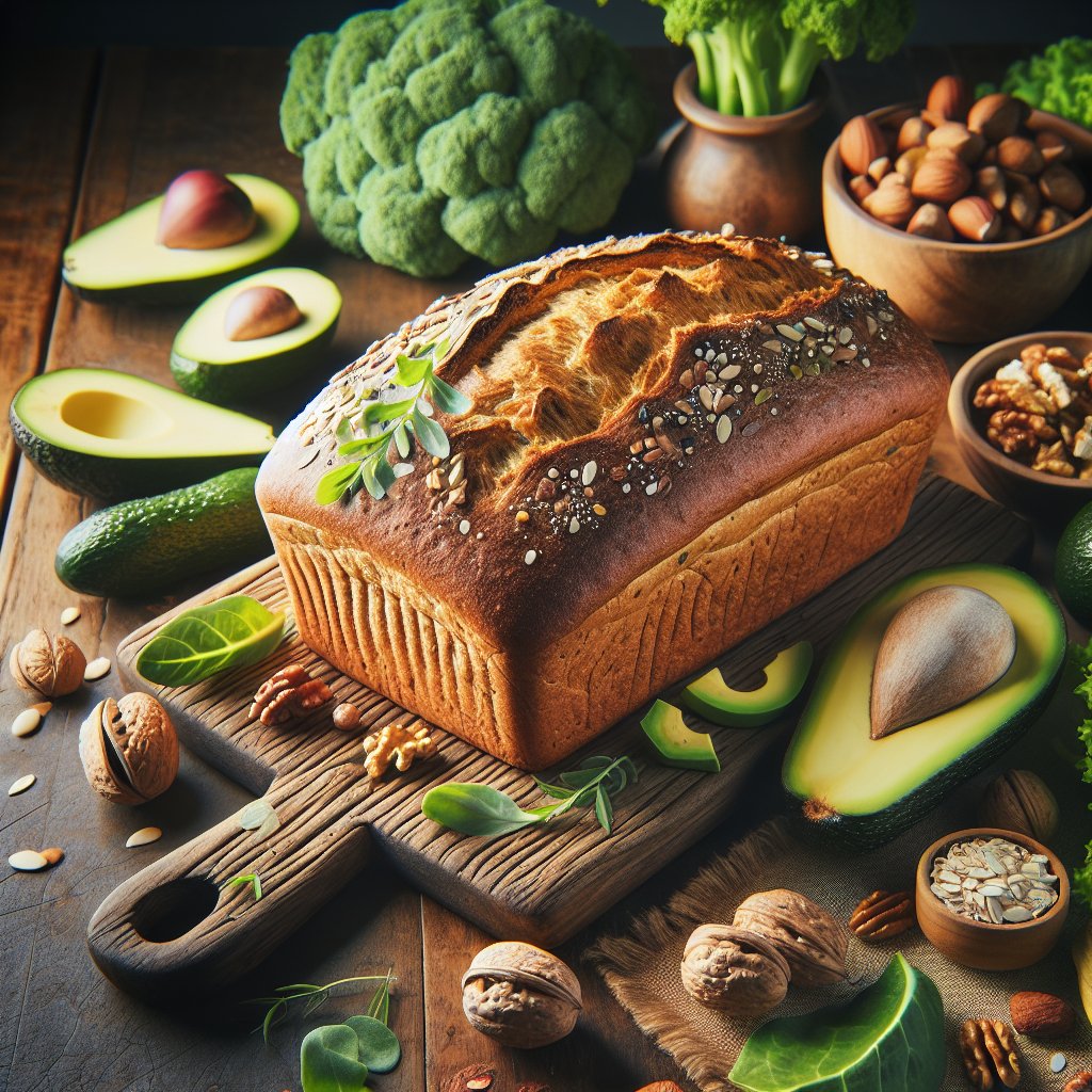 Golden keto bread loaf surrounded by avocados, nuts, and leafy greens on a wooden cutting board.