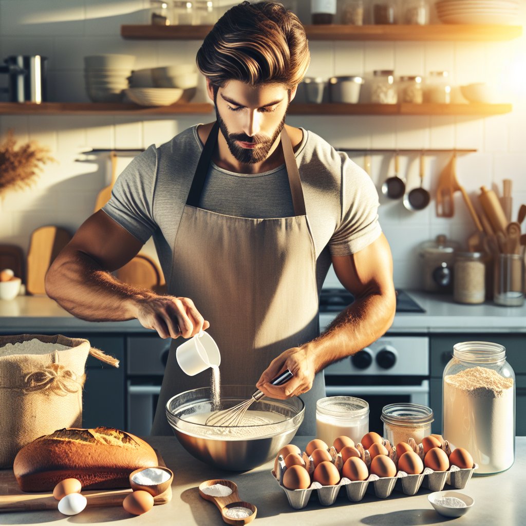 Professional baker preparing keto bread on a well-lit kitchen countertop