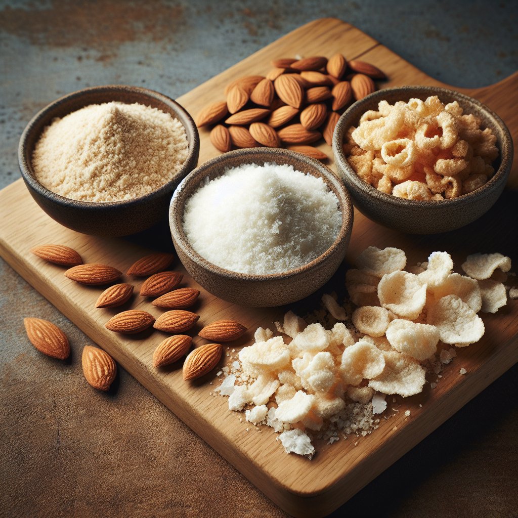 Three keto-friendly breading options - almond flour, coconut flour, and crushed pork rinds - presented on a wooden cutting board, evoking a rustic kitchen atmosphere.