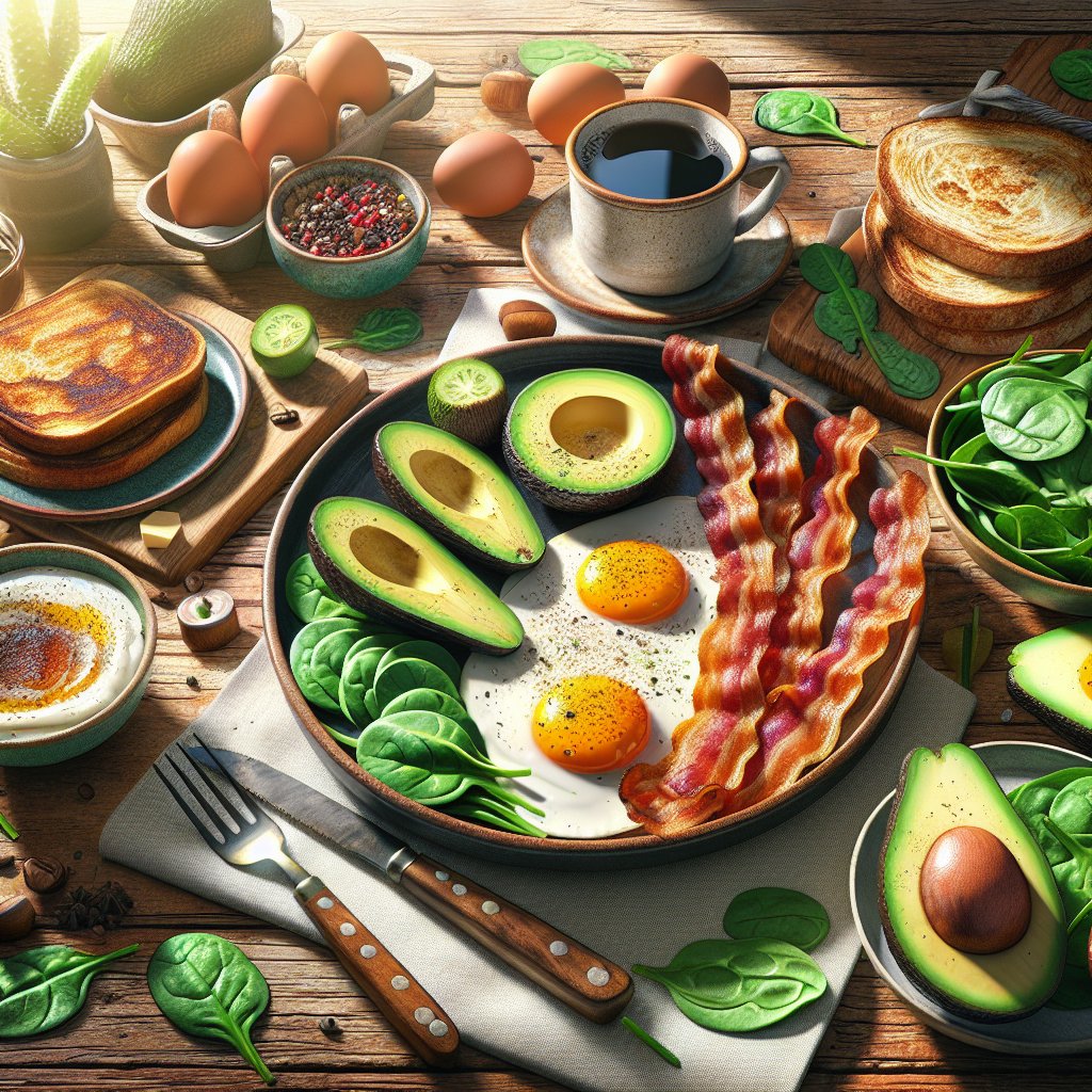 Keto-friendly breakfast spread with avocados, eggs, bacon, spinach, and low-carb pancakes on a cozy morning table