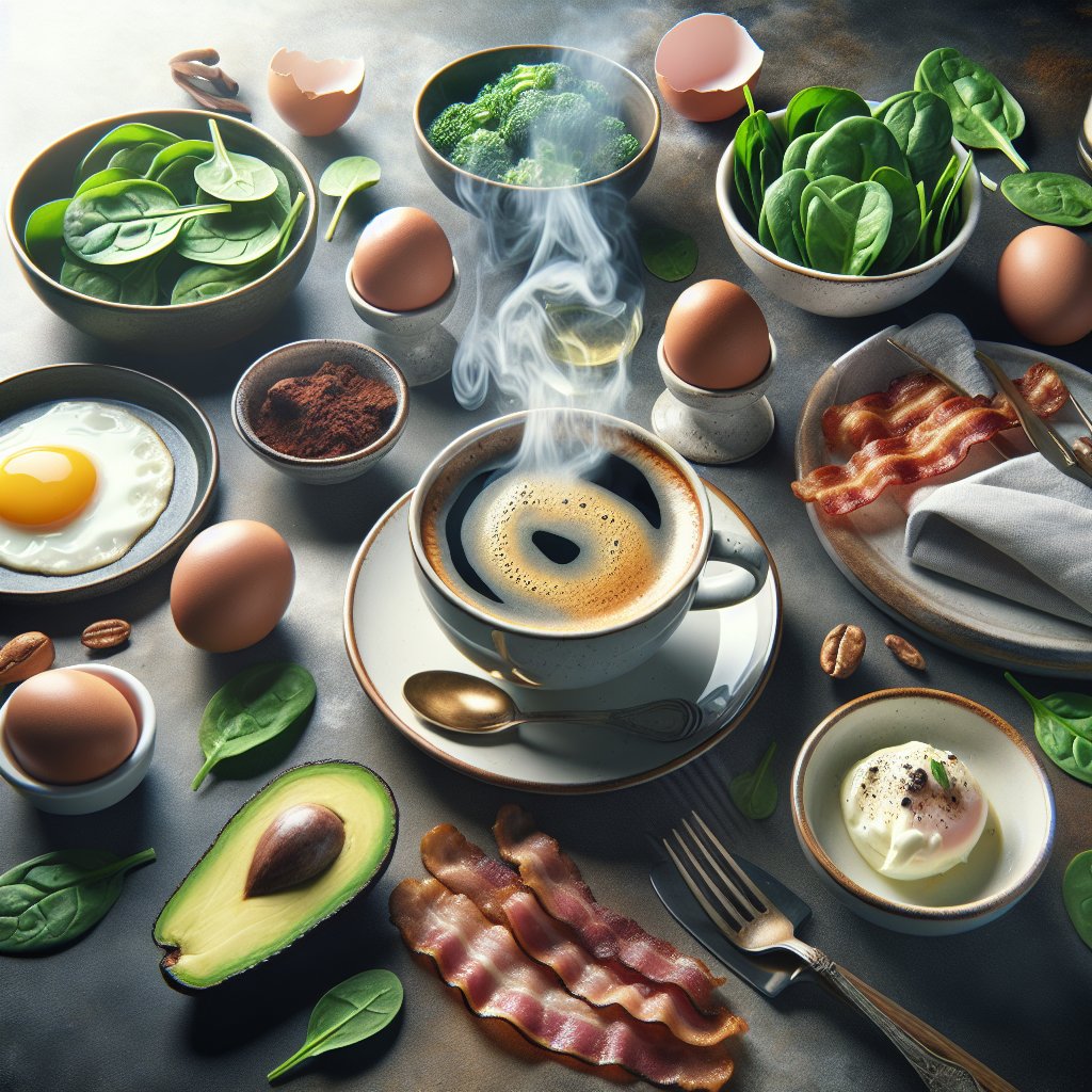 Beautifully arranged keto-friendly breakfast table with bulletproof coffee, avocado, eggs, bacon, and spinach