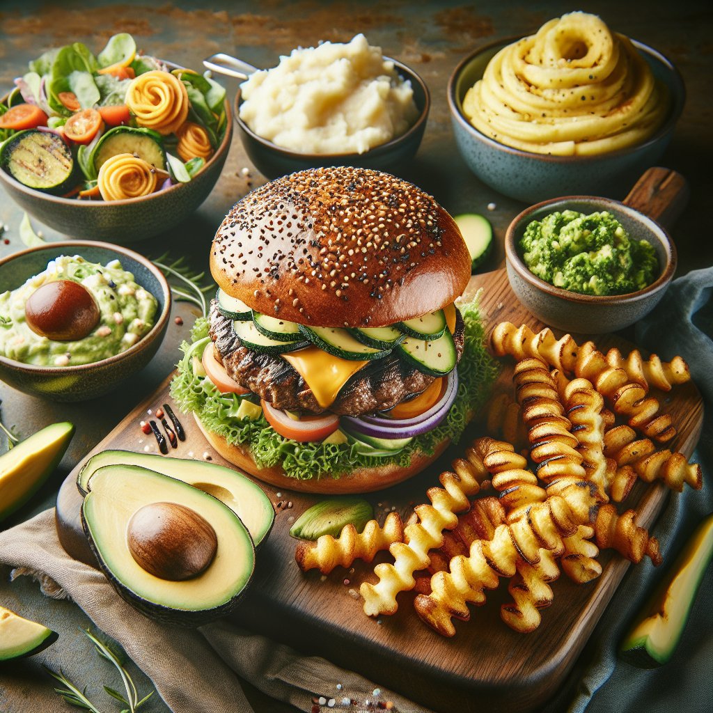 Mouthwatering keto-friendly burger surrounded by colorful sides such as avocado salad, cauliflower mash, and zucchini fries, perfect for a satisfying and well-rounded keto meal.