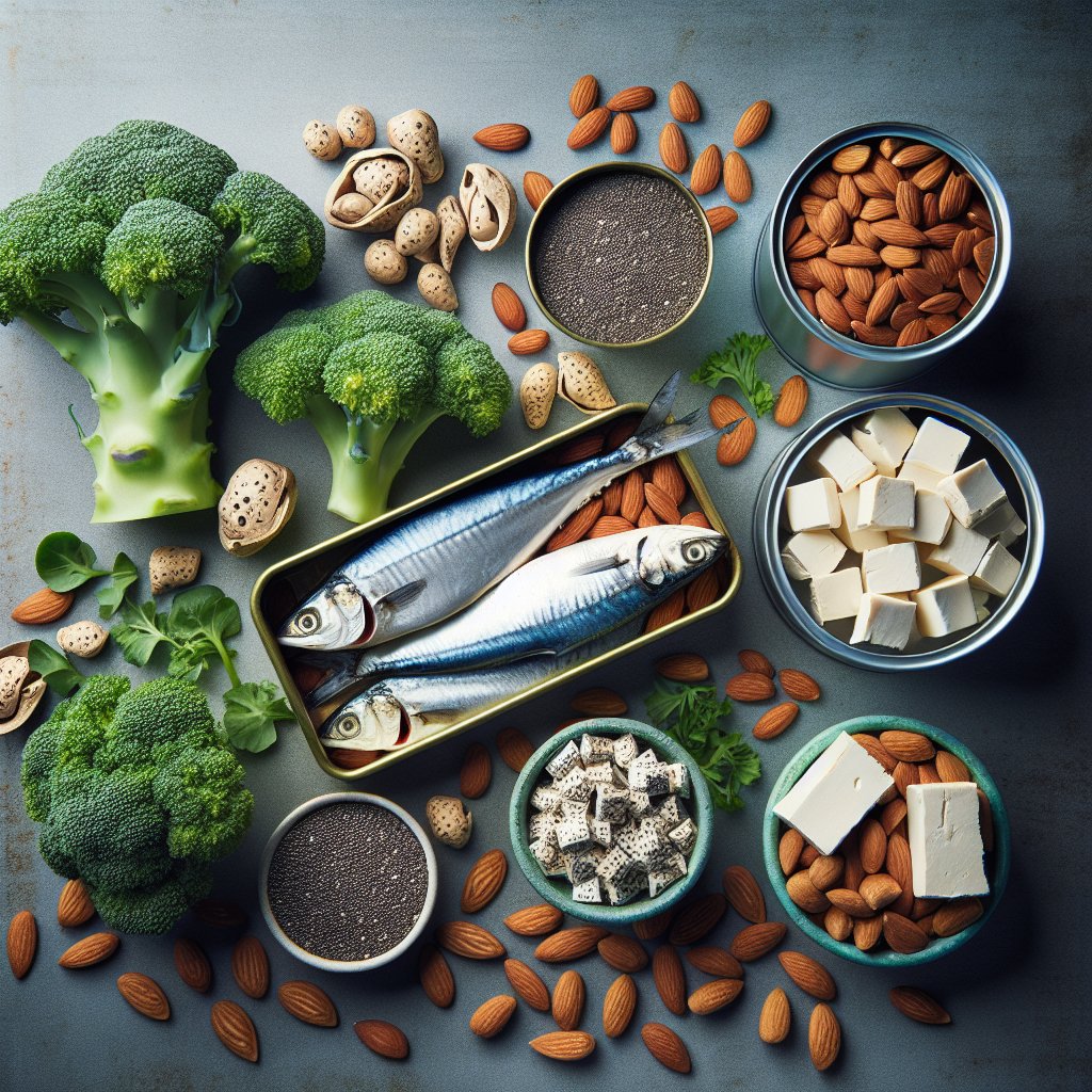Variety of keto-friendly calcium-rich foods including broccoli, sardines, chia seeds, almonds, and tofu.