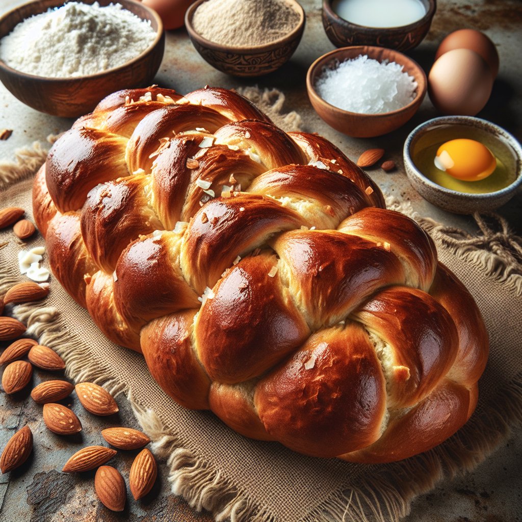 Beautifully braided keto challah bread loaf surrounded by low-carb ingredients