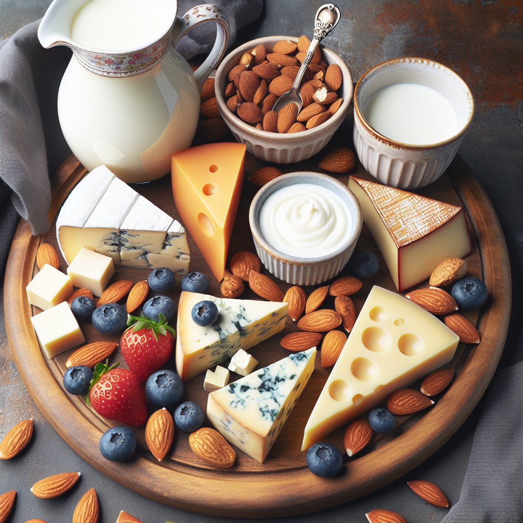 A beautifully arranged charcuterie board with keto-friendly cheeses, nuts, fresh berries, almond milk, and coconut milk.