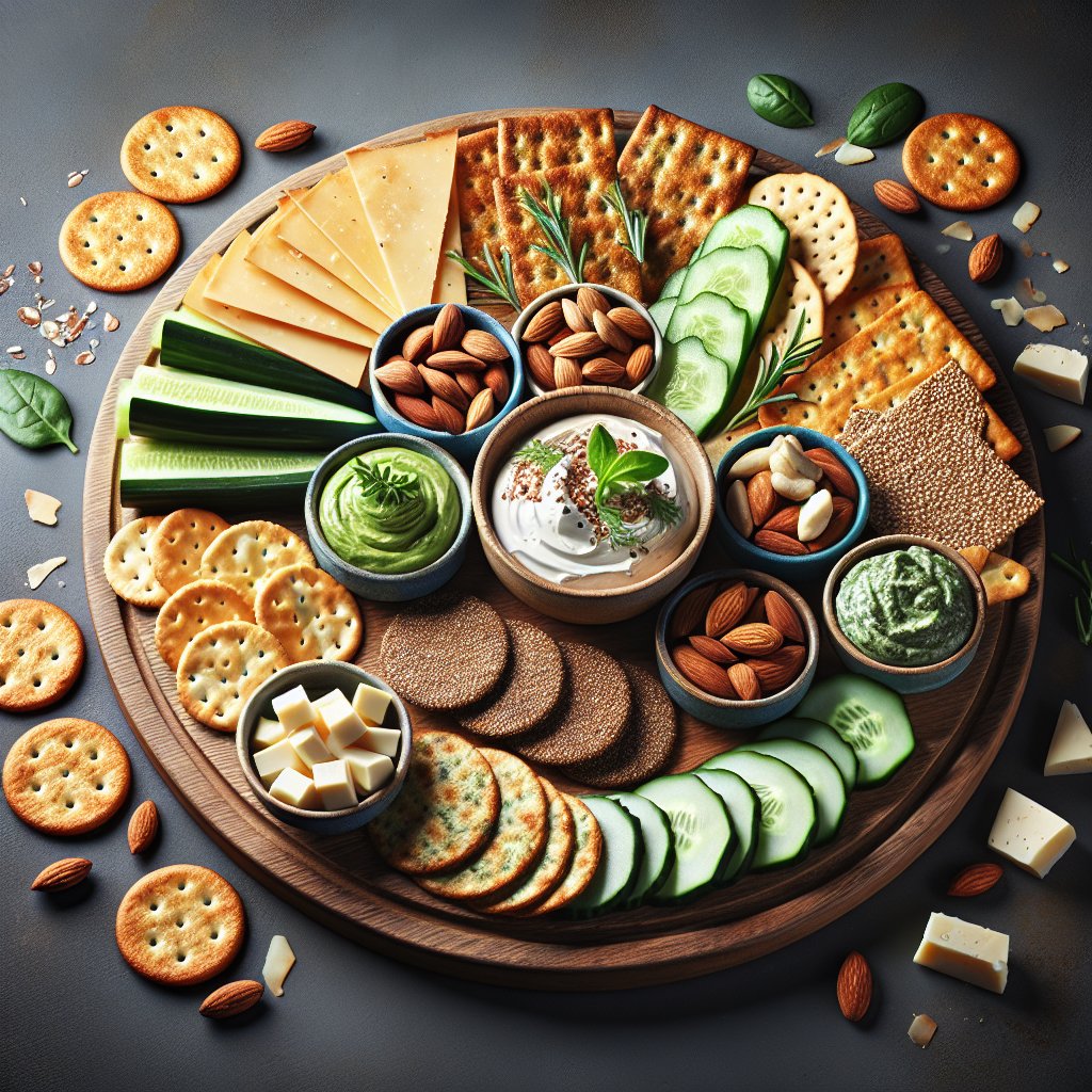 A vibrant keto-friendly charcuterie board featuring low-carb alternatives to Ritz Crackers, including parmesan crisps, cucumber slices, almond flour crackers, flaxseed crackers, guacamole, and spinach dip.