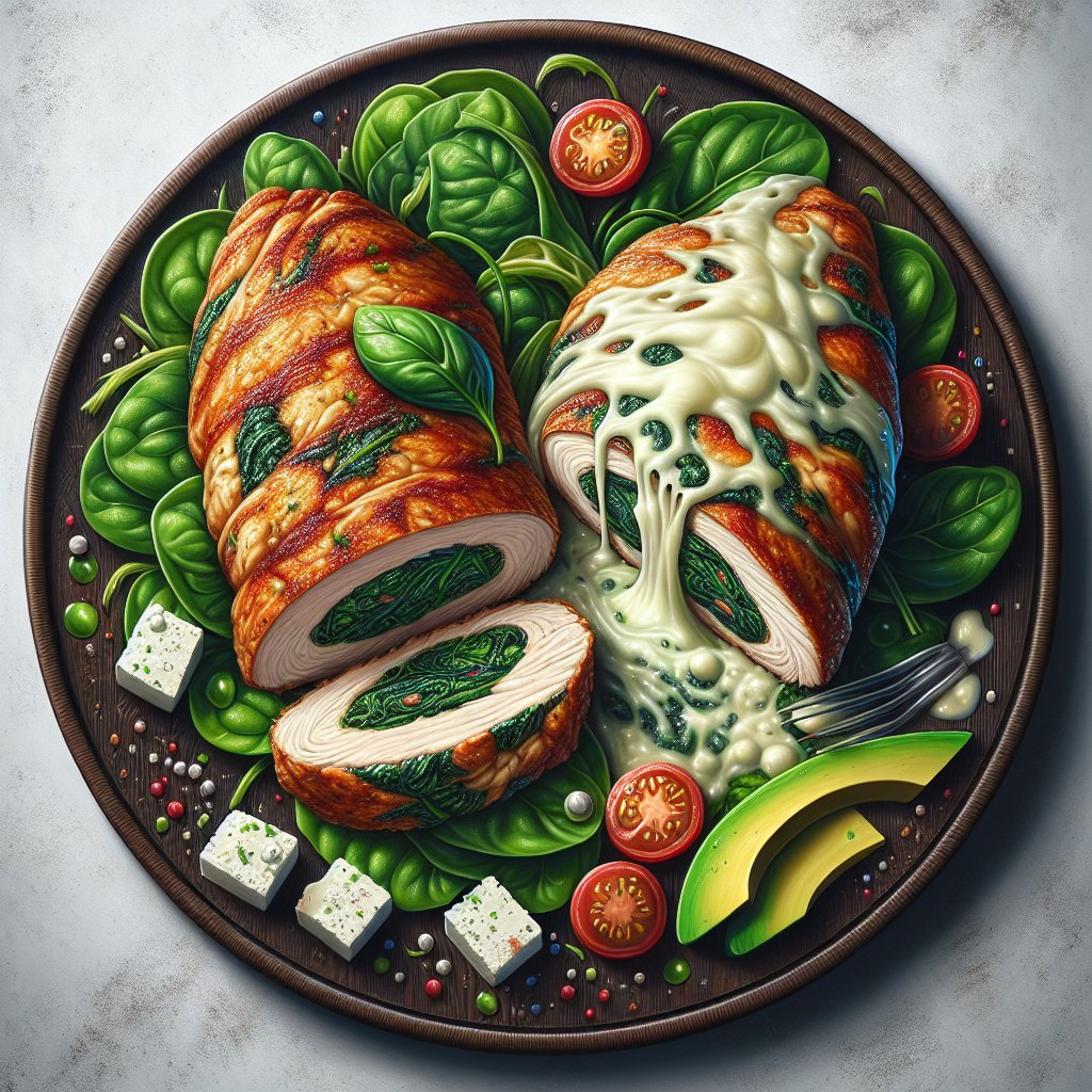 Keto-friendly cheese and spinach stuffed chicken breast with melted mozzarella, served with feta salad