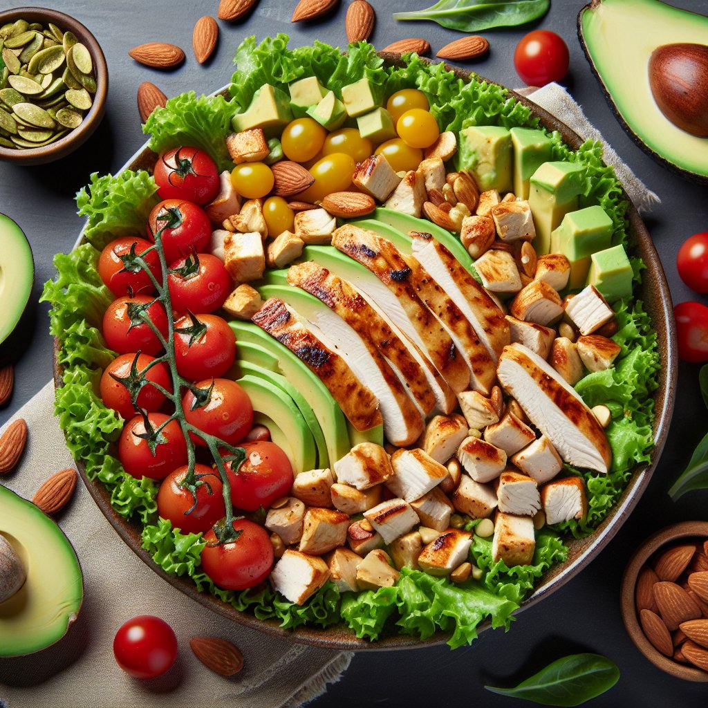 Vibrant keto-friendly chicken salad with grilled chicken, avocado, cherry tomatoes, and almonds.