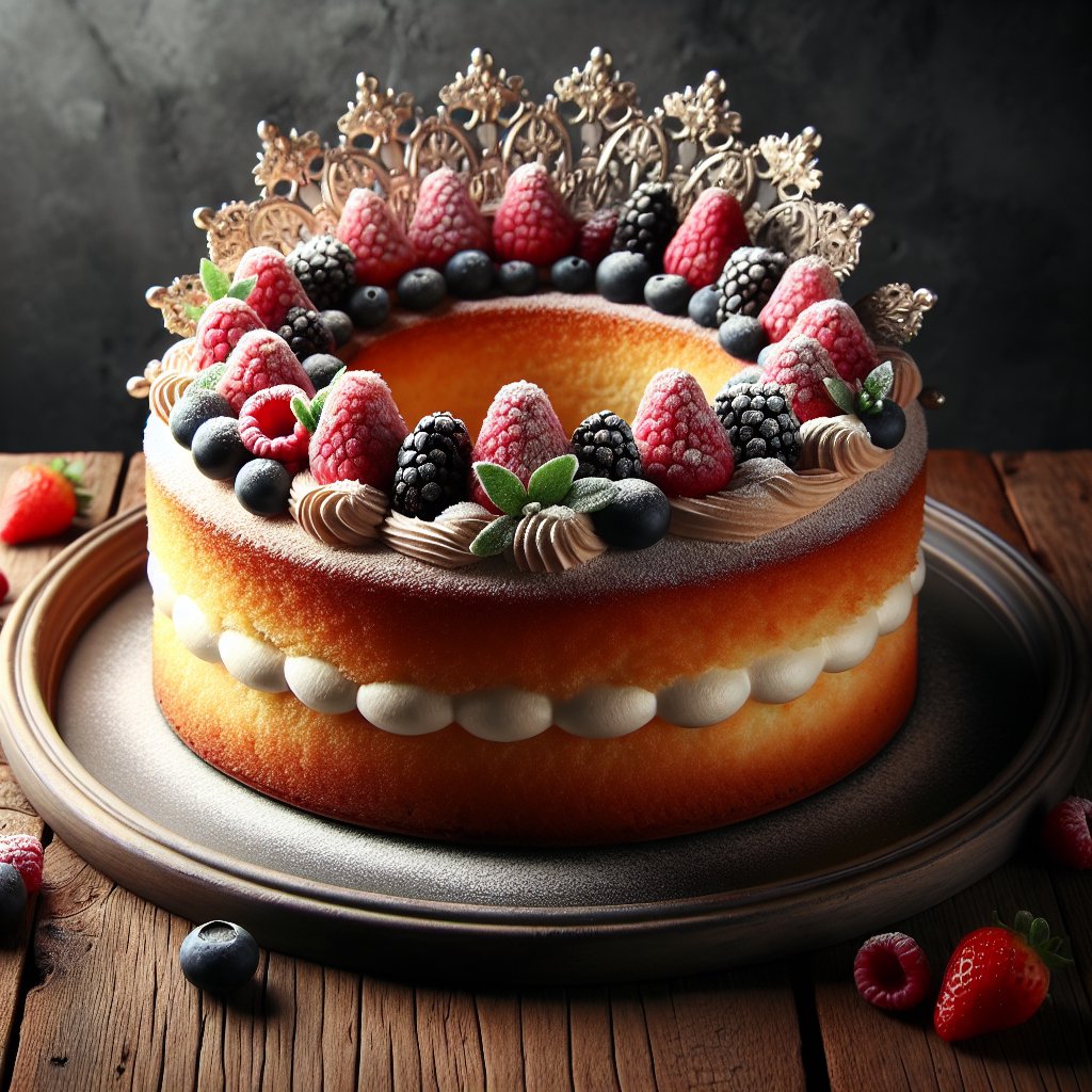 Keto chiffon cake adorned with powdered erythritol and fresh berries on rustic wooden table.