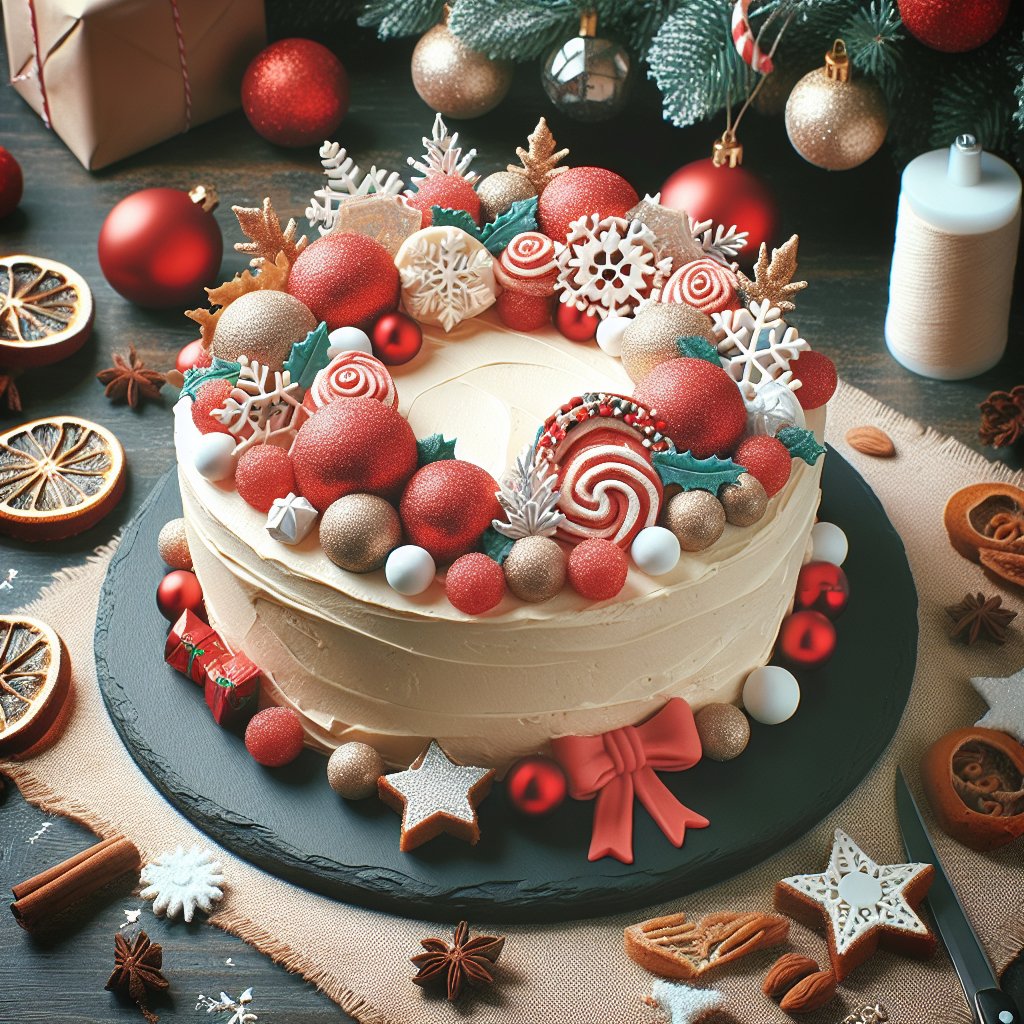 A delectable keto Christmas cake adorned with sugar-free frosting and keto-friendly ornaments, surrounded by festive seasonal decorations.