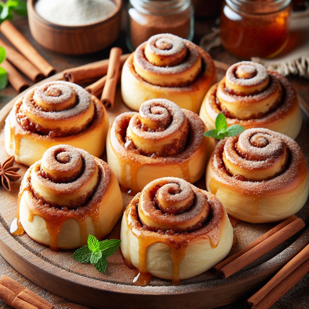 Freshly baked keto cinnamon rolls on rustic wooden platter with erythritol powder and cinnamon sticks