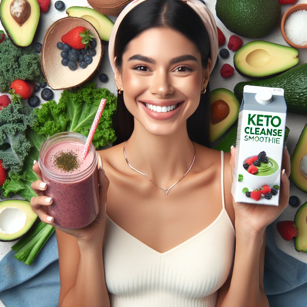 Smiling person holding a keto cleanse smoothie surrounded by keto-friendly ingredients like avocados, berries, kale, and coconut milk