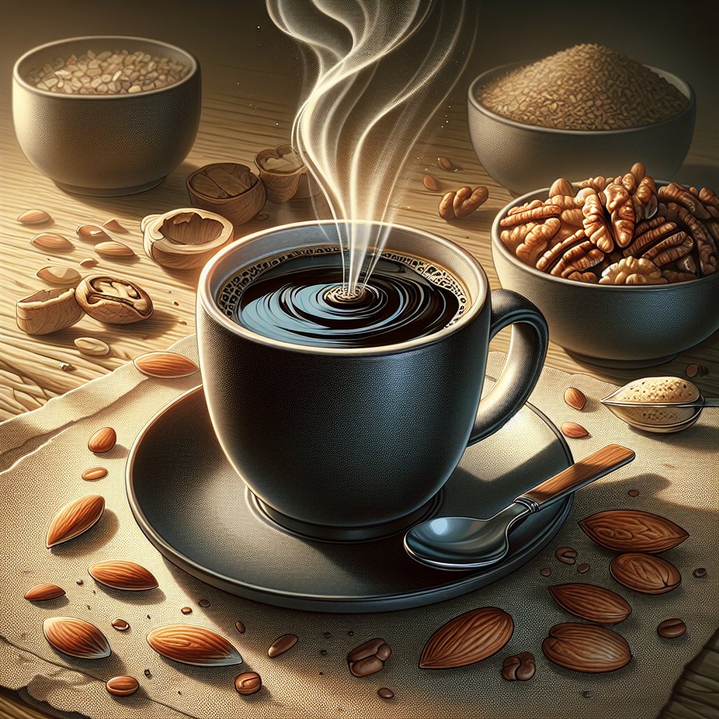 Steaming cup of black coffee with keto-friendly nuts and seeds