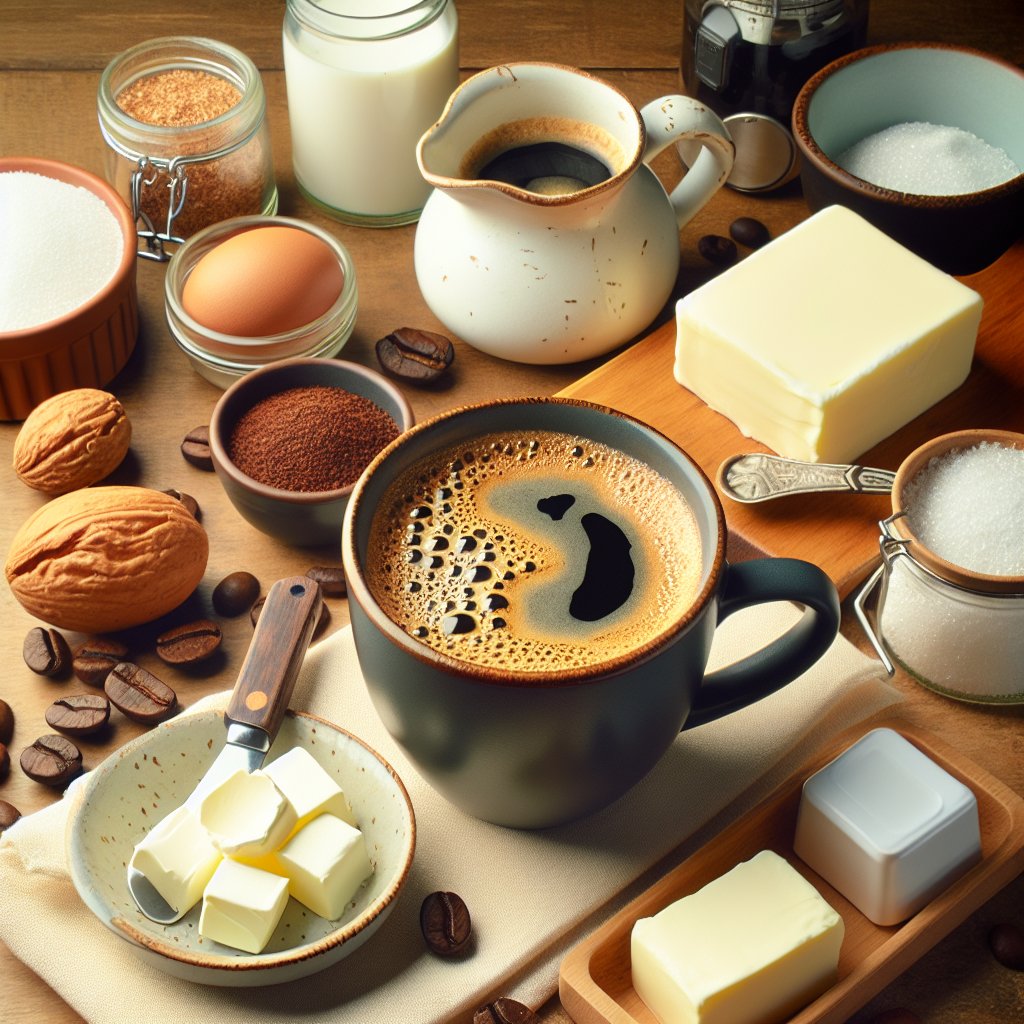 Steaming cup of black coffee with keto-friendly whipped cream, grass-fed butter, coconut oil, and sugar-free sweeteners on a platter.