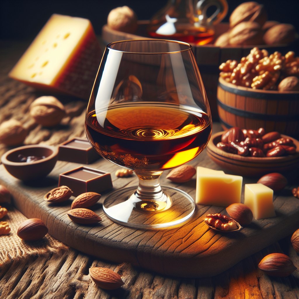 Elegant glass of cognac with keto-friendly snacks on rustic wooden table.