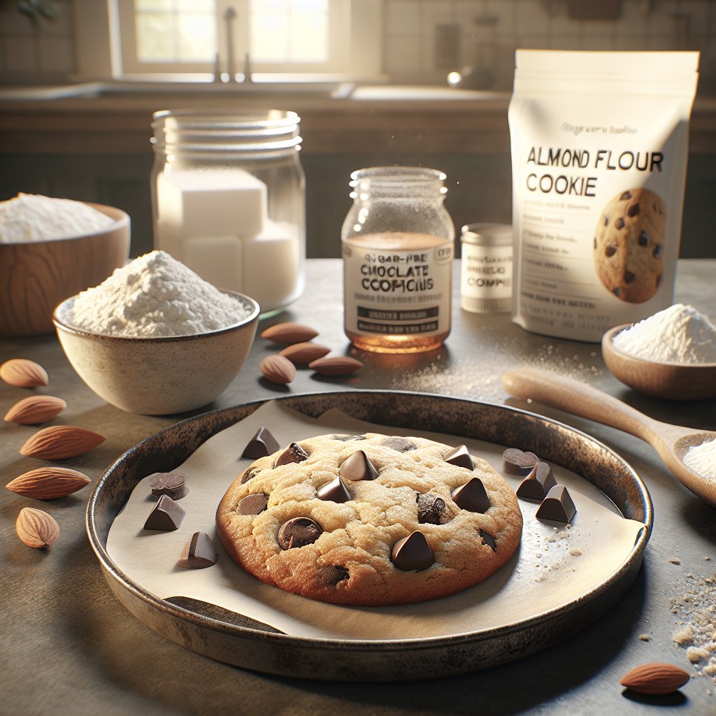 Perfectly baked single serve keto cookie emerging from the oven, surrounded by almond flour, coconut oil, erythritol, and a bowl of collagen protein powder, in a cozy kitchen setting with soft natural lighting.