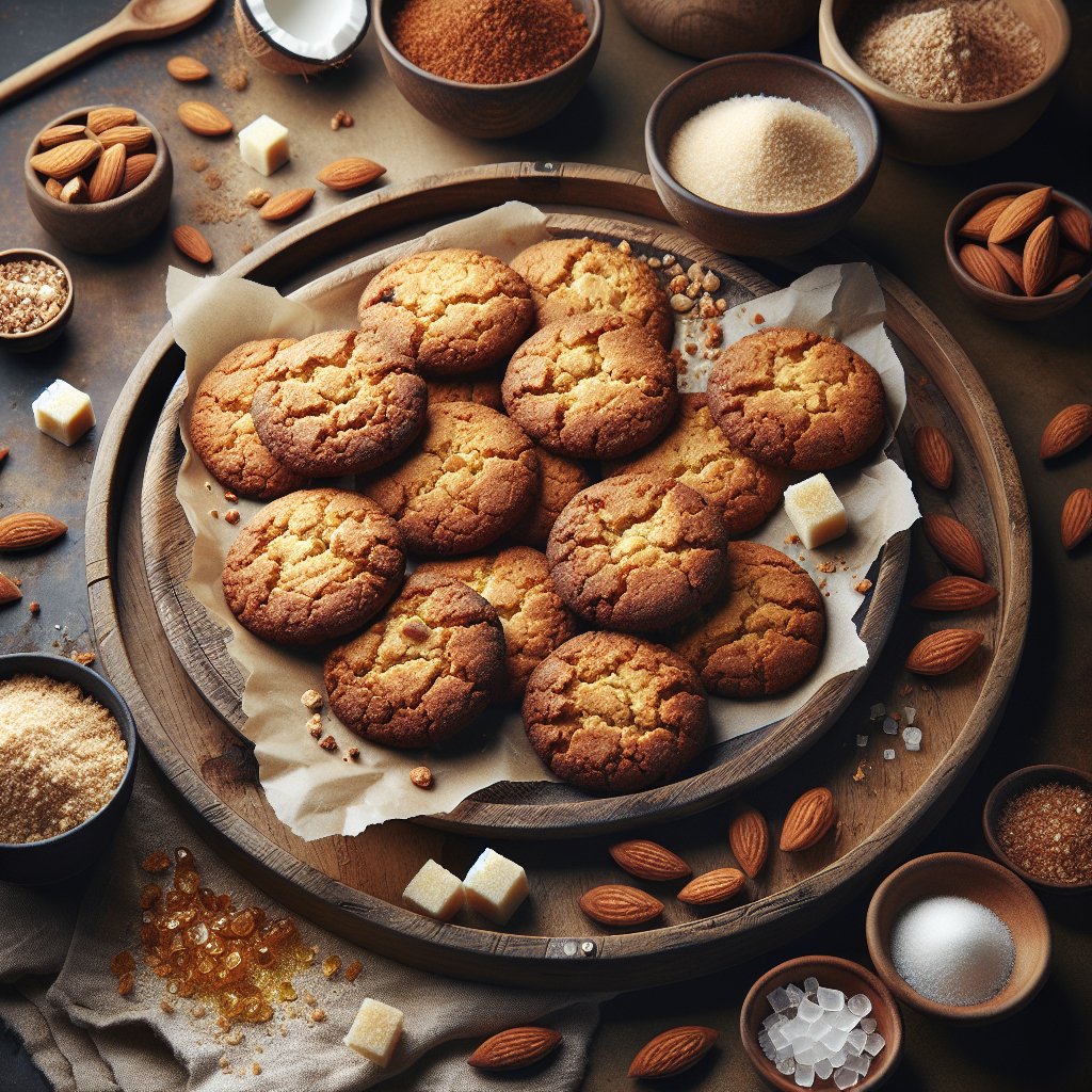 Assorted golden brown keto cookies on wooden platter