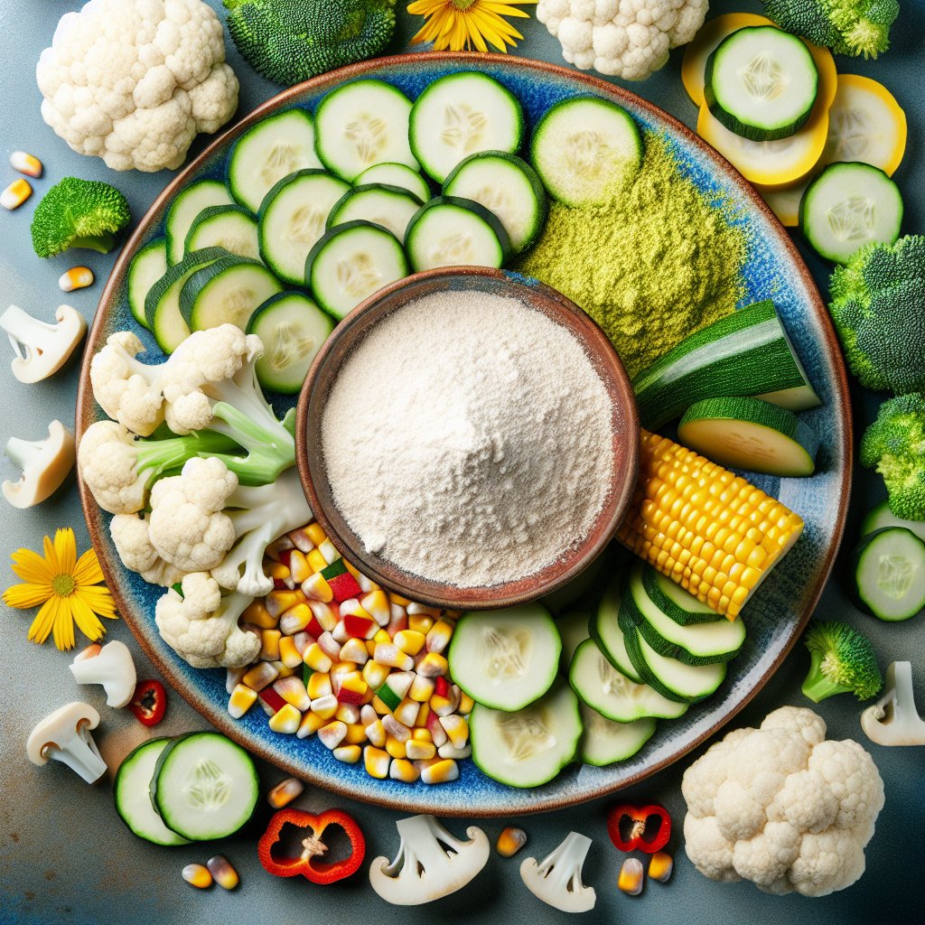 Colorful plate of keto-friendly corn substitutes like cauliflower, zucchini, and coconut flour