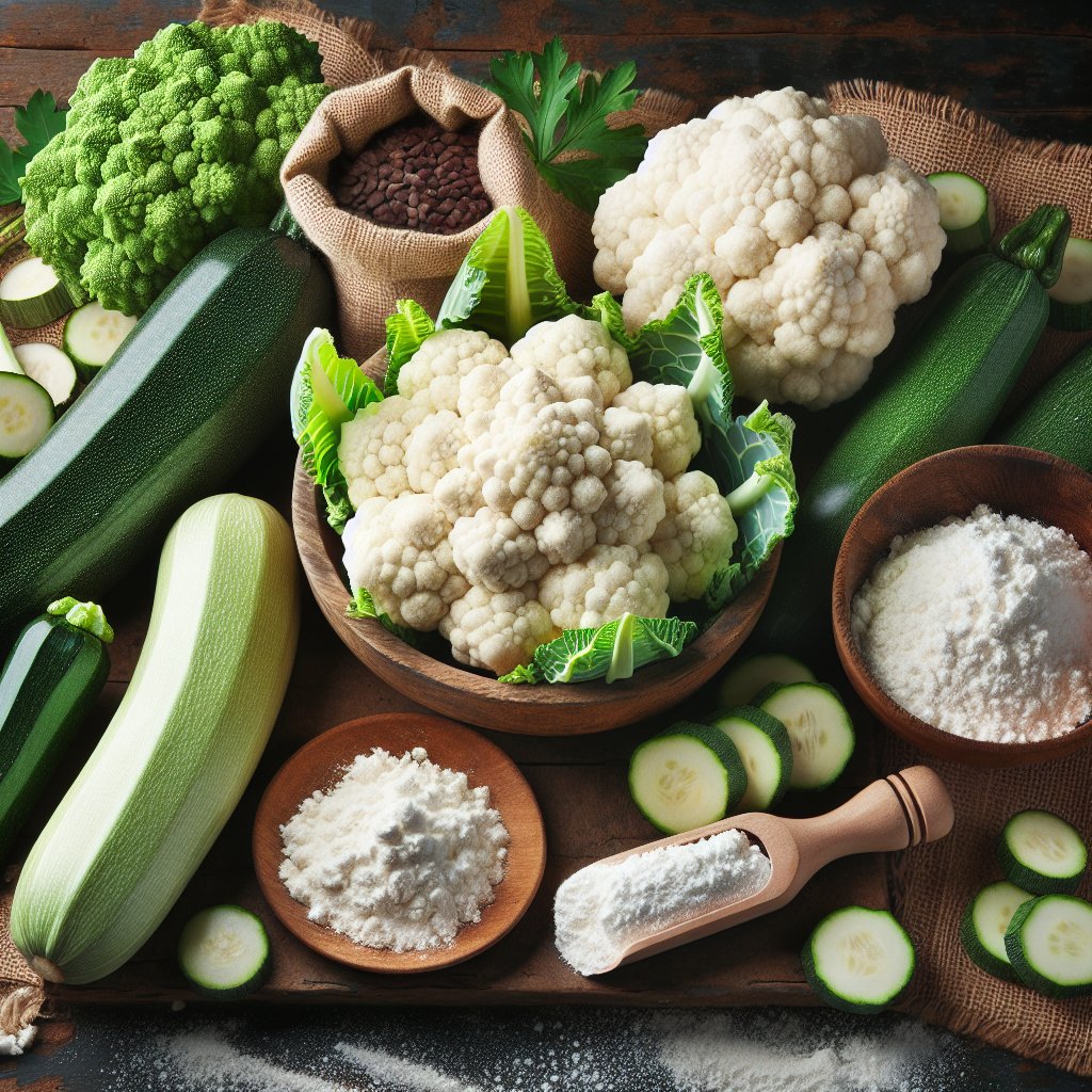 Assorted keto-friendly corn substitutes such as cauliflower, zucchini, and coconut flour displayed on a rustic wooden surface.