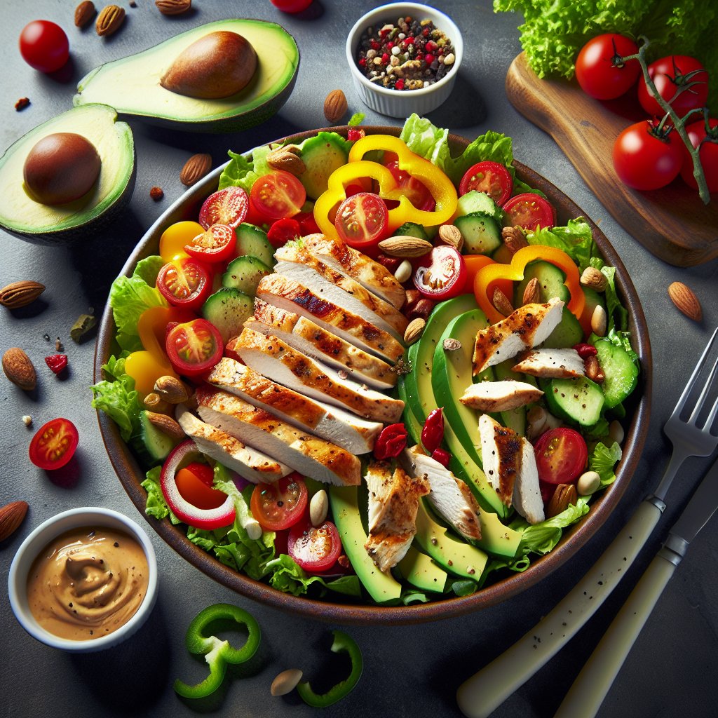 Vibrant and appetizing keto-friendly Costco chicken salad featuring grilled chicken, avocado, nuts, and colorful vegetables.