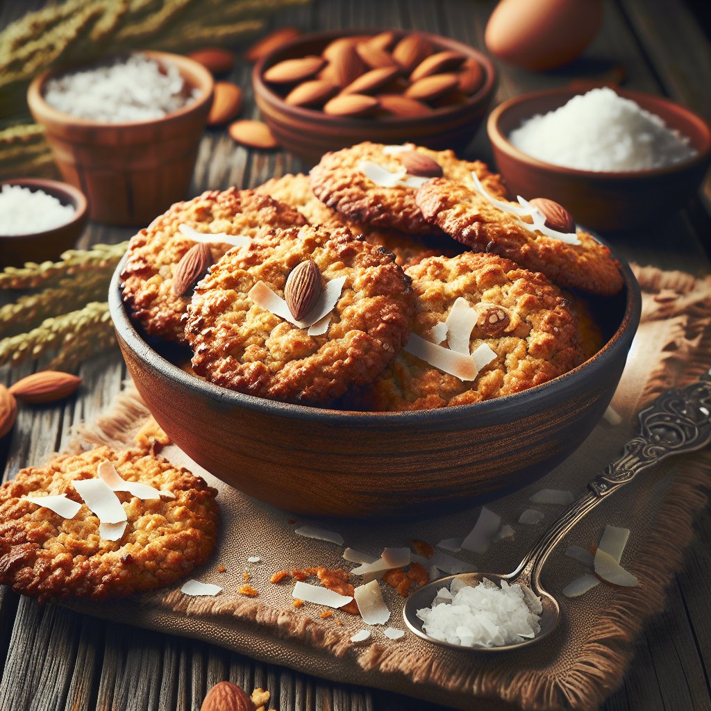 Mouth-watering batch of keto crunchy cookies with coconut flakes on rustic wooden table