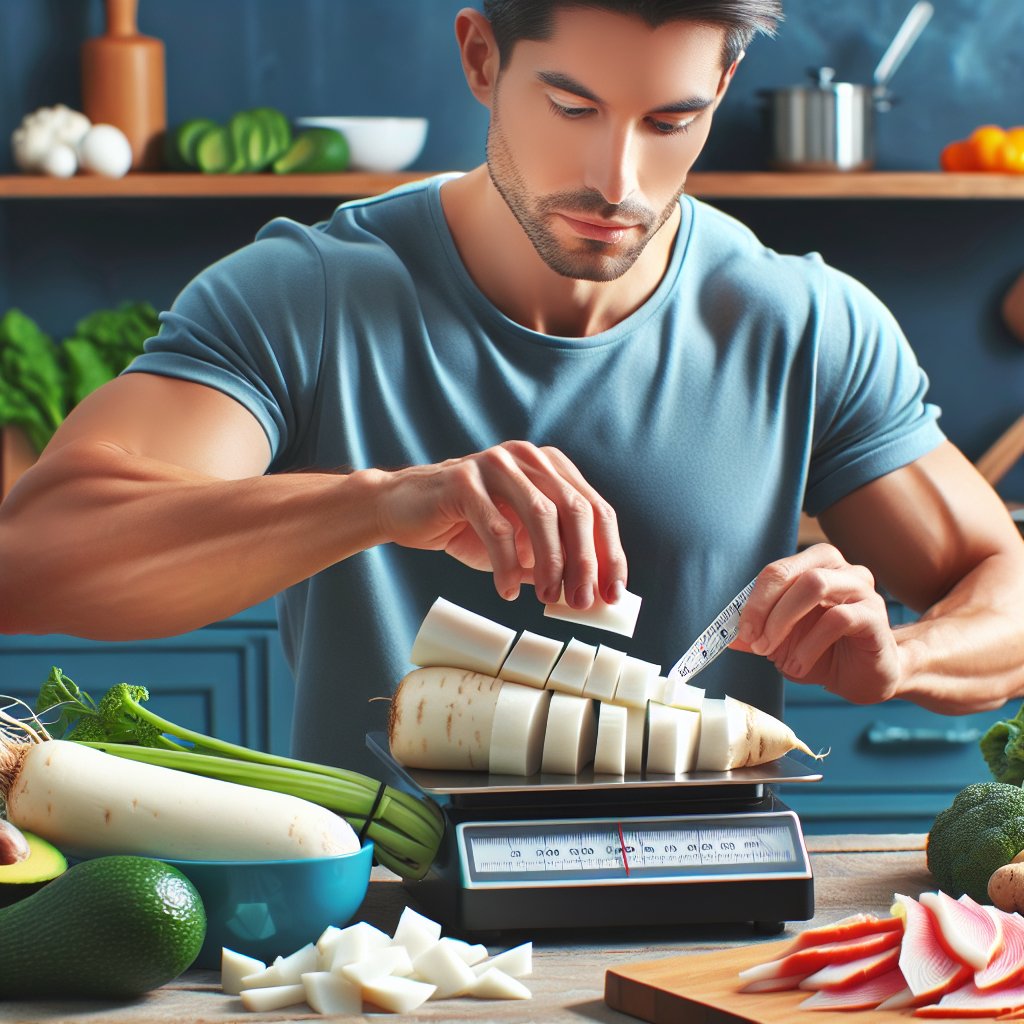 Person measuring and portioning daikon for keto meal with kitchen scale