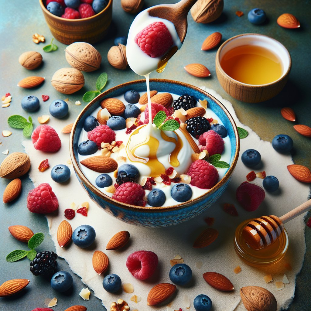 Vibrant bowl of dairy-free yogurt with a keto-friendly swirl of coconut milk and almond milk, topped with fresh berries, nuts, and honey