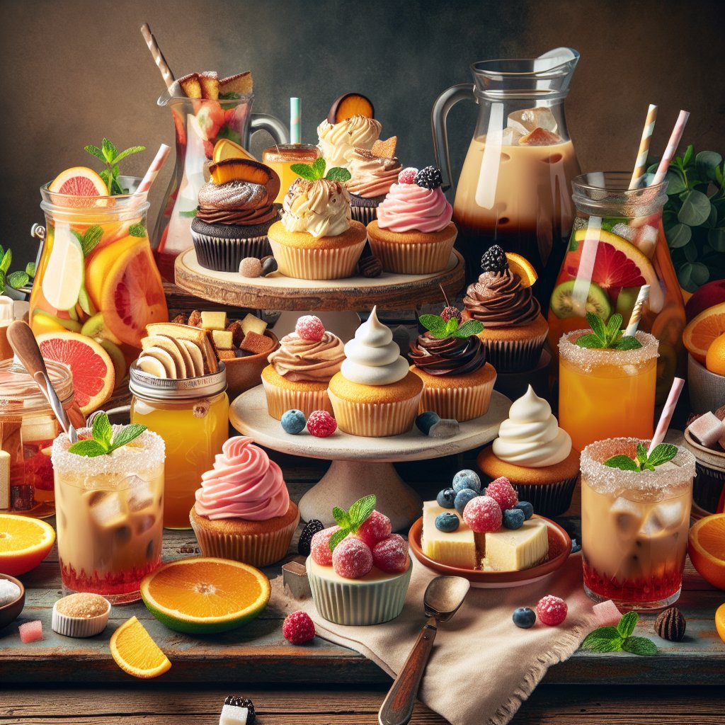 Colorful array of keto-friendly desserts and beverages sweetened with xylitol, displayed on a rustic wooden table