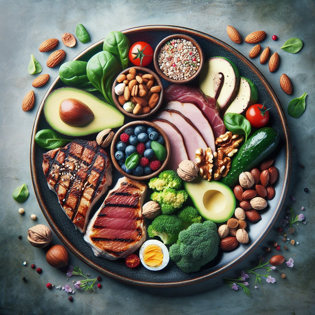 Balanced plate with healthy fats, protein-rich meat, and low-carb vegetables